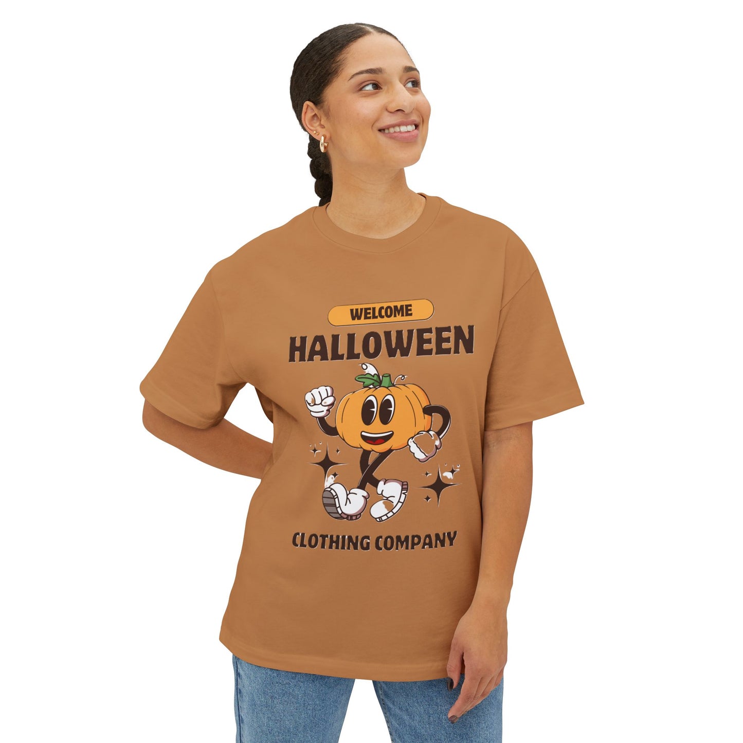 Welcome Halloween Unisex Oversized Boxy Tee | Cute Pumpkin Tee, Fall Apparel, Halloween Party Shirt, Cozy Graphic Tee
