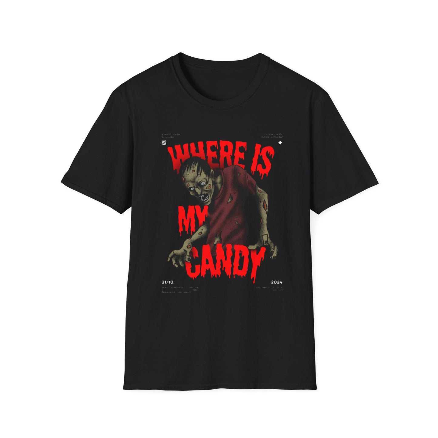 Zombie Halloween T-Shirt, Where is My Candy? Graphic Tee, Unisex Softstyle Tee, Horror T-Shirt, Spooky Costume Apparel