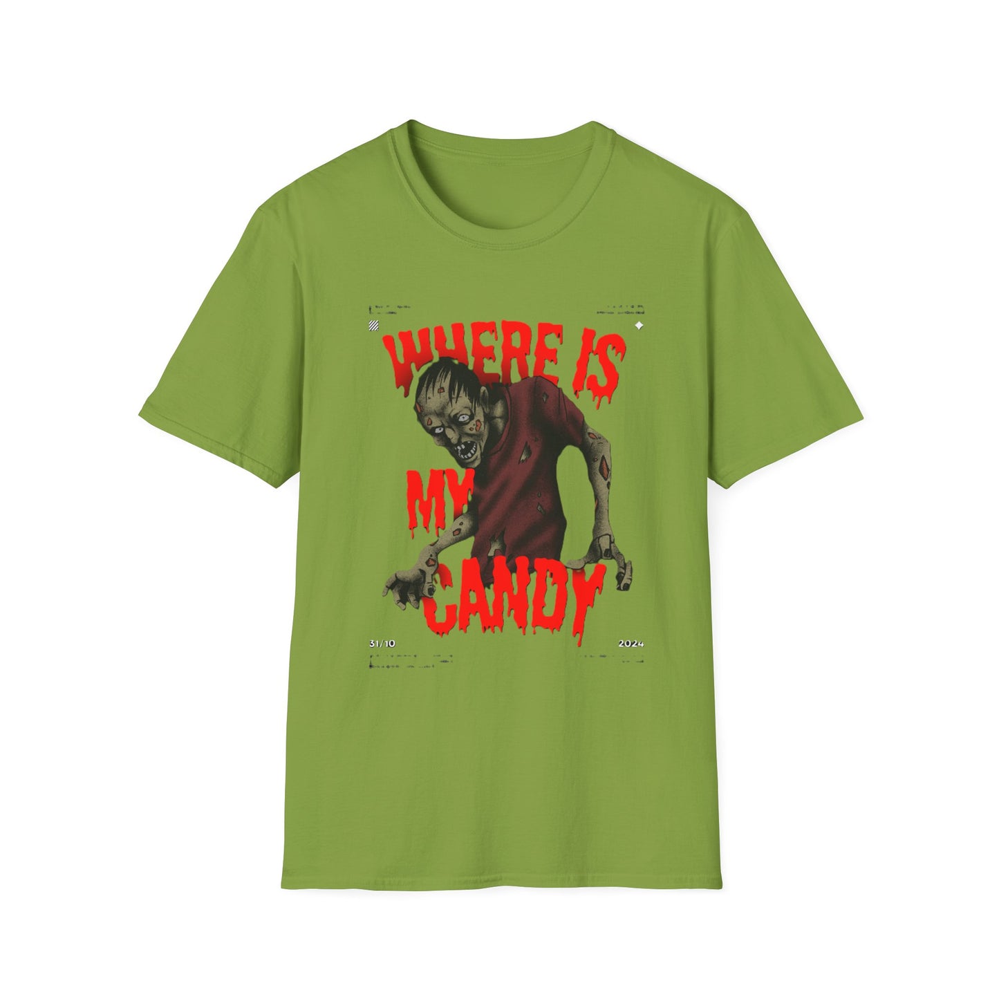 Zombie Halloween T-Shirt, Where is My Candy? Graphic Tee, Unisex Softstyle Tee, Horror T-Shirt, Spooky Costume Apparel