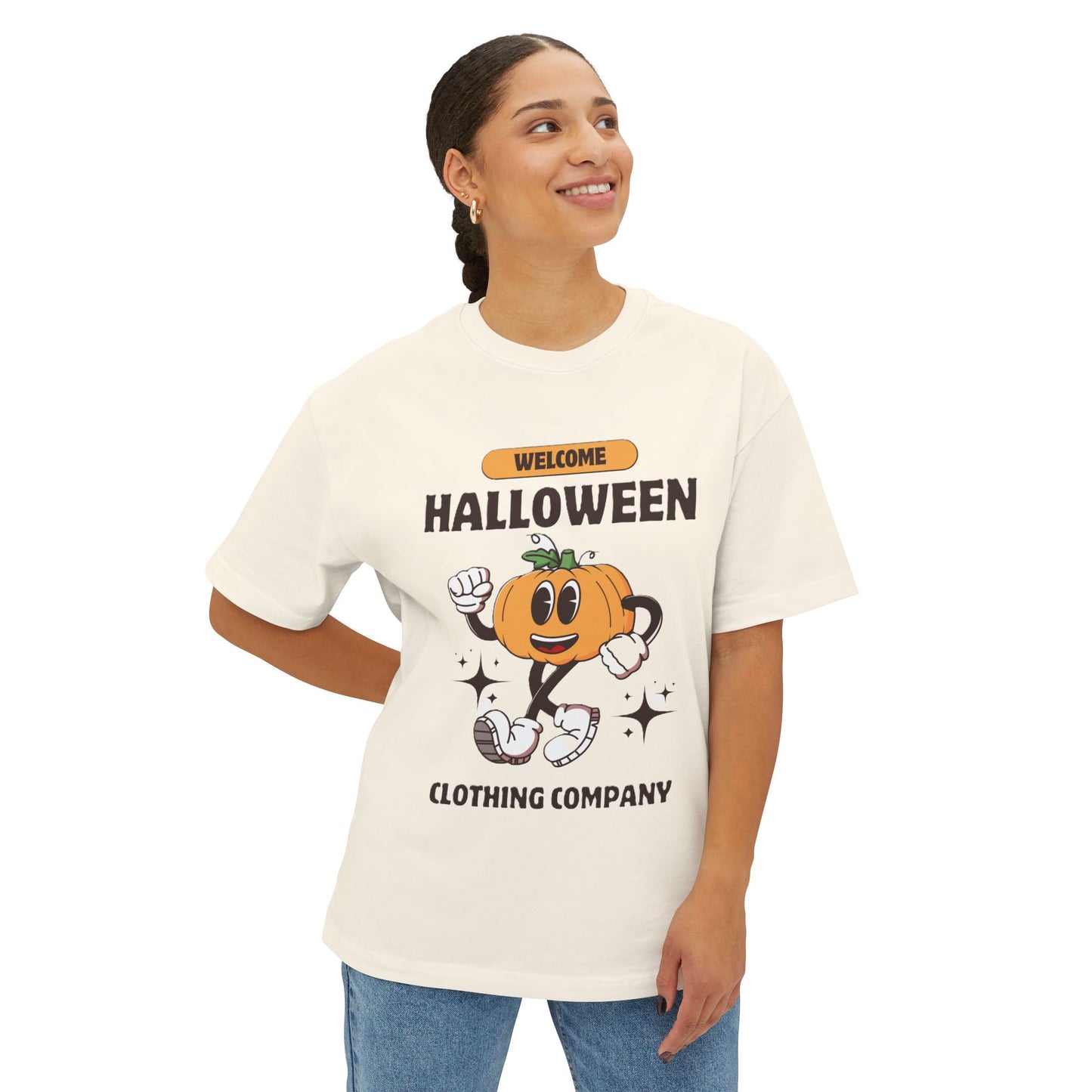 Welcome Halloween Unisex Oversized Boxy Tee | Cute Pumpkin Tee, Fall Apparel, Halloween Party Shirt, Cozy Graphic Tee