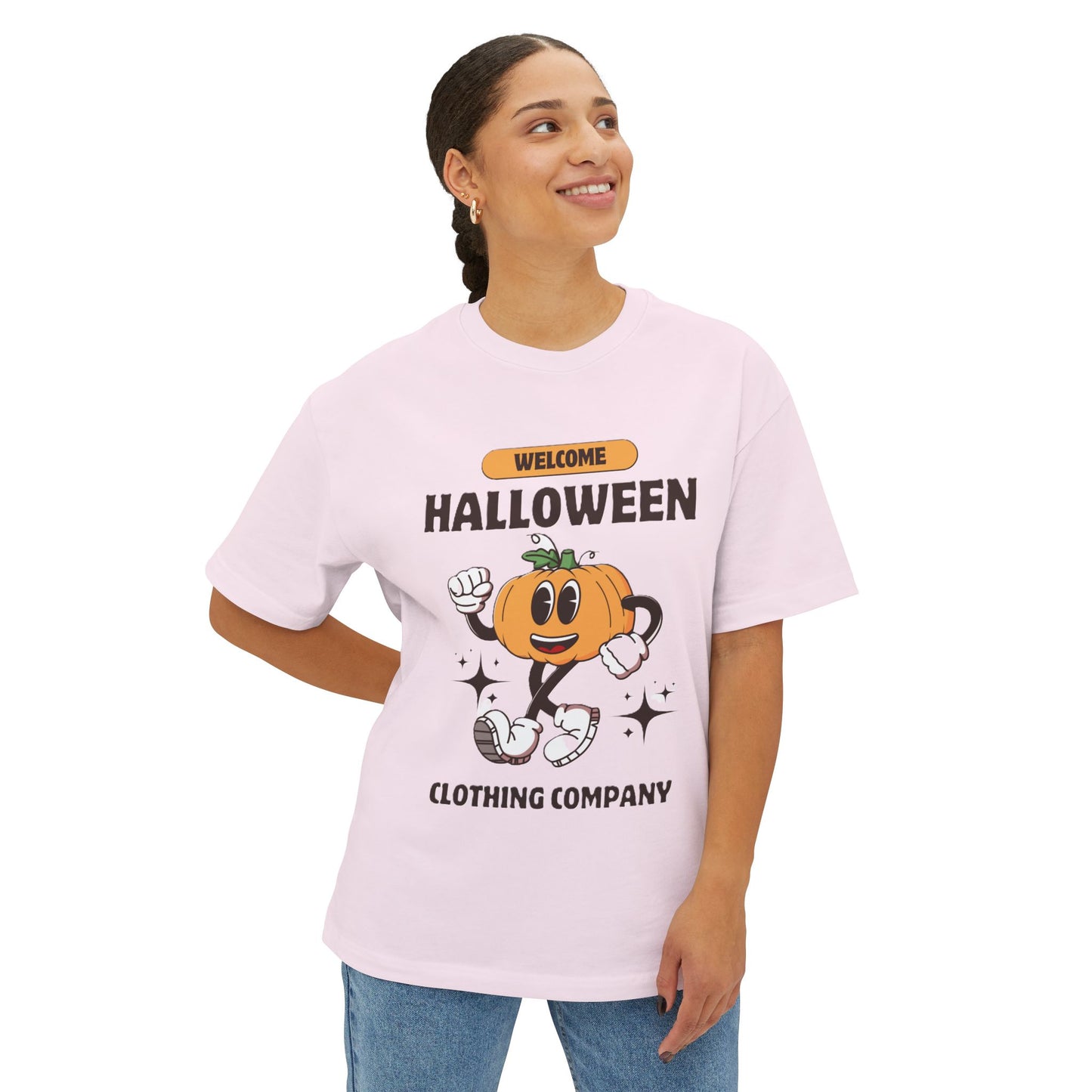 Welcome Halloween Unisex Oversized Boxy Tee | Cute Pumpkin Tee, Fall Apparel, Halloween Party Shirt, Cozy Graphic Tee