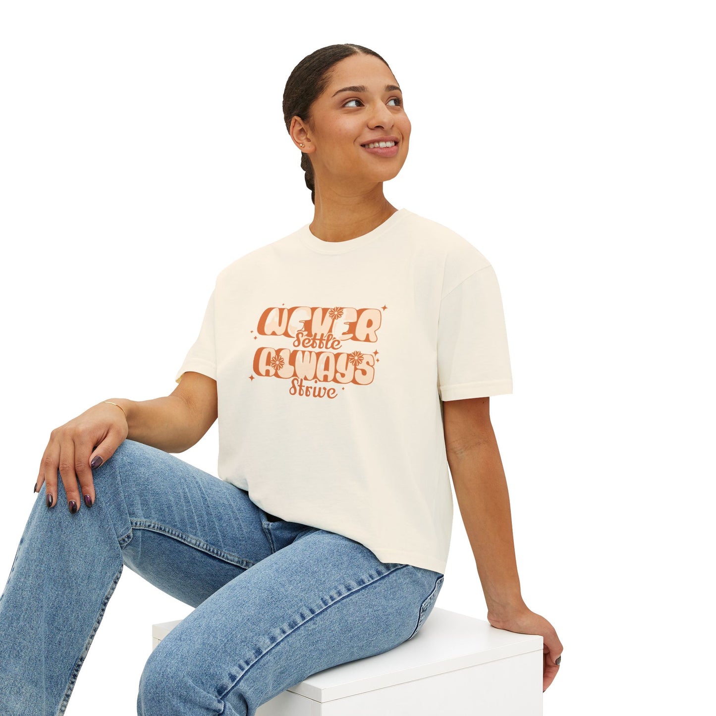 Women's Boxy Tee - Never Settle, Casual Chic Shirt, Gift for Her, Trendy Summer Top, Inspiring Graphic Tee