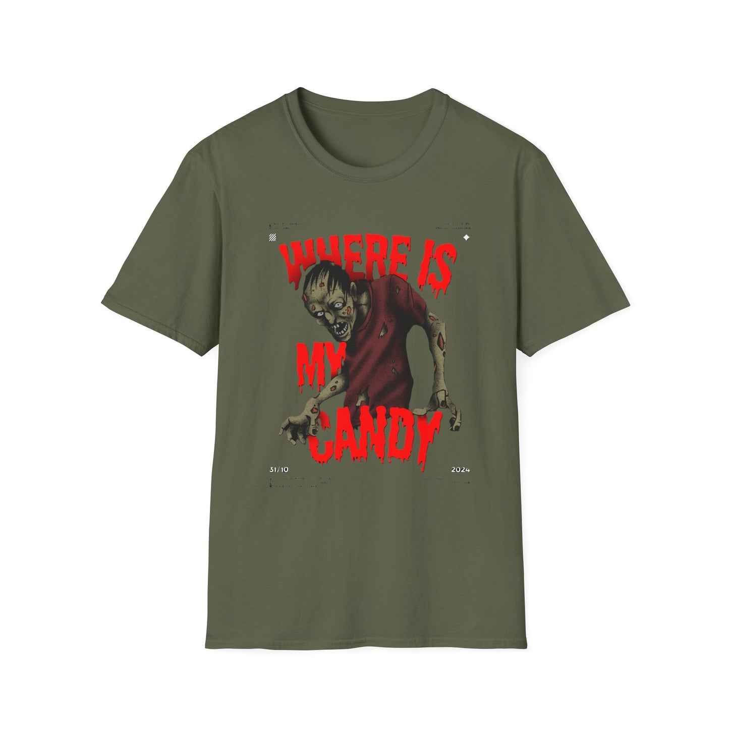 Zombie Halloween T-Shirt, Where is My Candy? Graphic Tee, Unisex Softstyle Tee, Horror T-Shirt, Spooky Costume Apparel