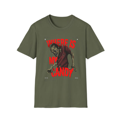 Zombie Halloween T-Shirt, Where is My Candy? Graphic Tee, Unisex Softstyle Tee, Horror T-Shirt, Spooky Costume Apparel