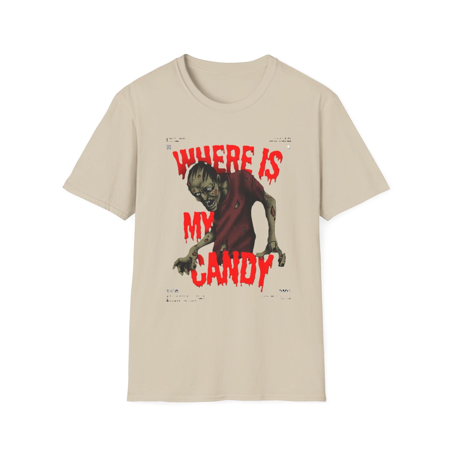 Zombie Halloween T-Shirt, Where is My Candy? Graphic Tee, Unisex Softstyle Tee, Horror T-Shirt, Spooky Costume Apparel