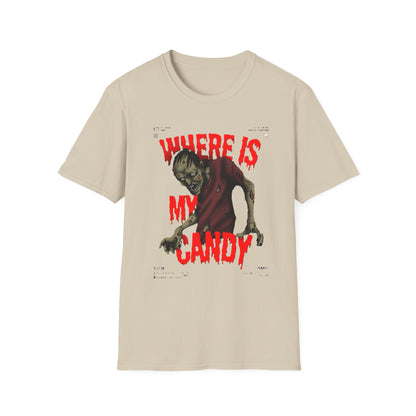 Zombie Halloween T-Shirt, Where is My Candy? Graphic Tee, Unisex Softstyle Tee, Horror T-Shirt, Spooky Costume Apparel