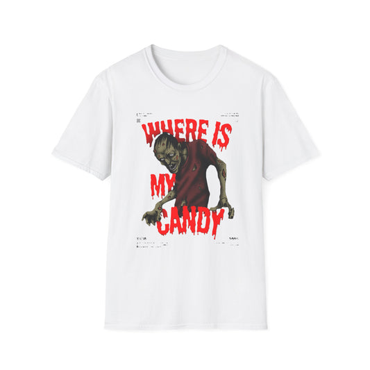 Zombie Halloween T-Shirt, Where is My Candy? Graphic Tee, Unisex Softstyle Tee, Horror T-Shirt, Spooky Costume Apparel