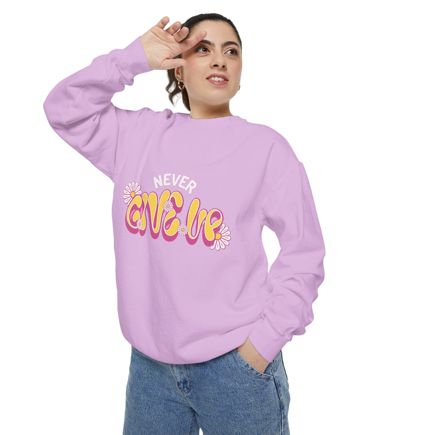 Never Give Up Sweatshirt, Inspirational Sweatshirt, Unisex Pullover, Motivational Clothing, Cozy Gift Idea, Relaxed Fit Sweatshirt