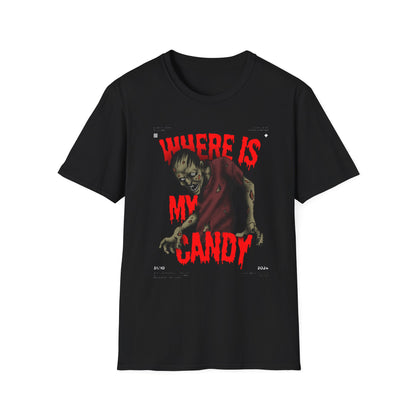 Zombie Halloween T-Shirt, Where is My Candy? Graphic Tee, Unisex Softstyle Tee, Horror T-Shirt, Spooky Costume Apparel