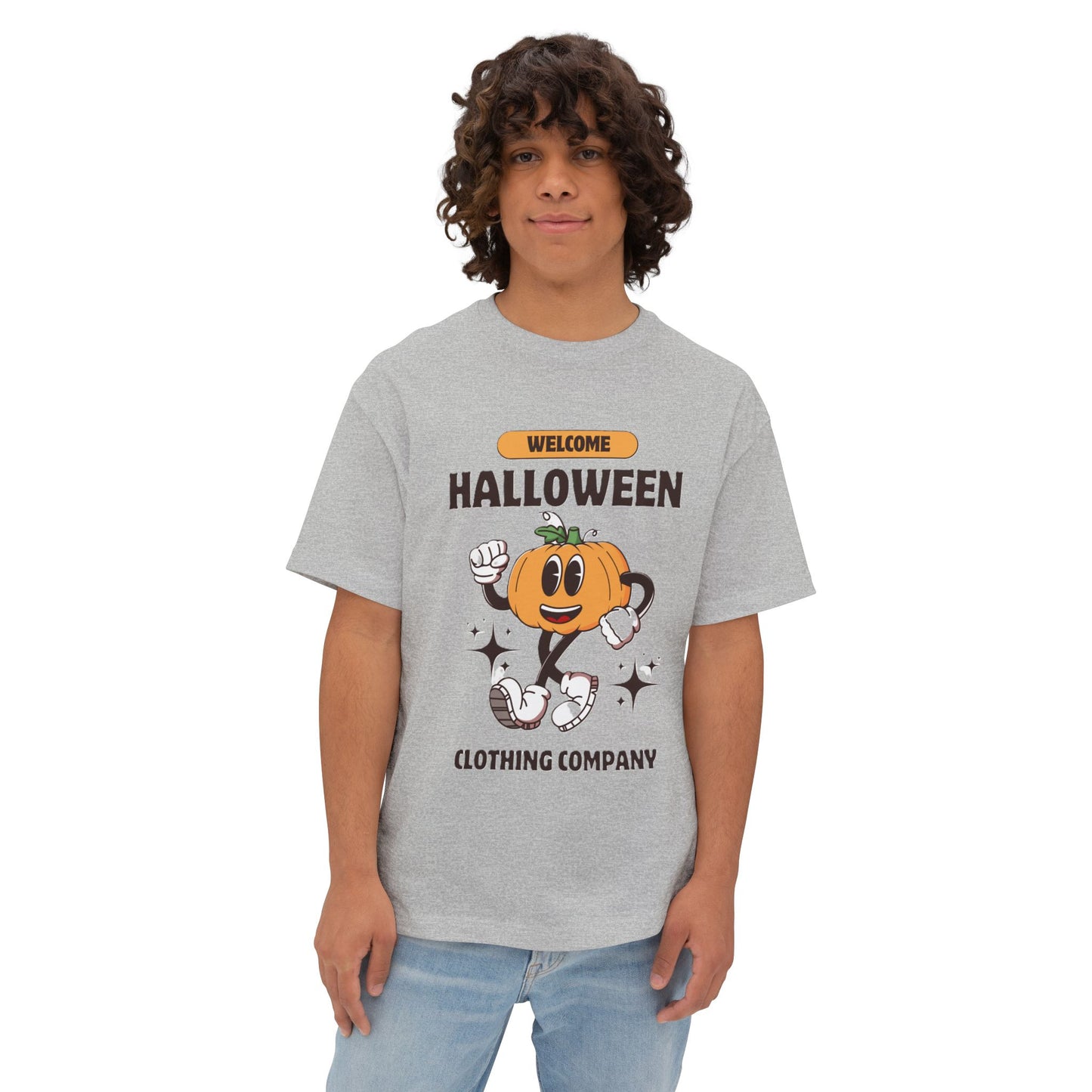 Welcome Halloween Unisex Oversized Boxy Tee | Cute Pumpkin Tee, Fall Apparel, Halloween Party Shirt, Cozy Graphic Tee