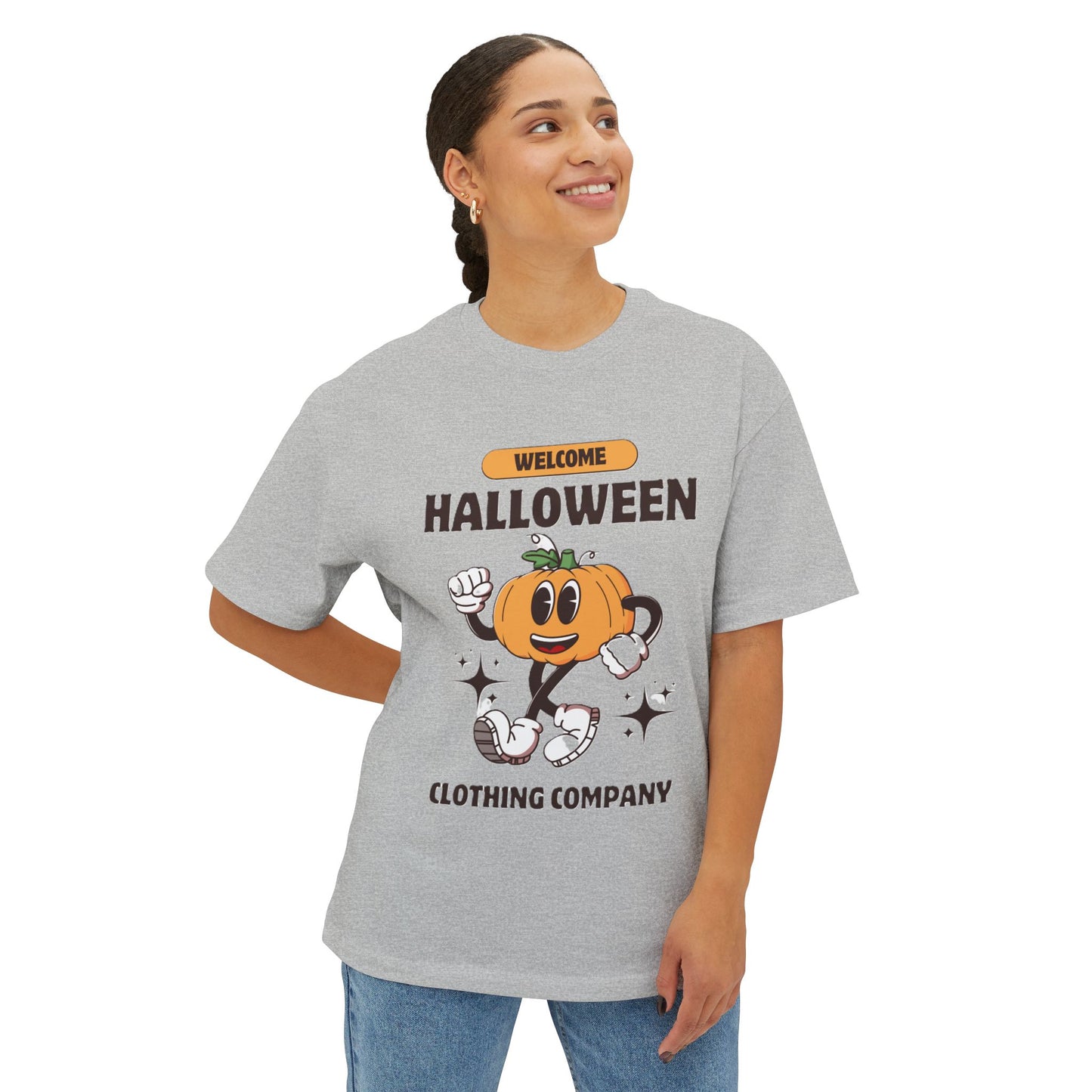 Welcome Halloween Unisex Oversized Boxy Tee | Cute Pumpkin Tee, Fall Apparel, Halloween Party Shirt, Cozy Graphic Tee
