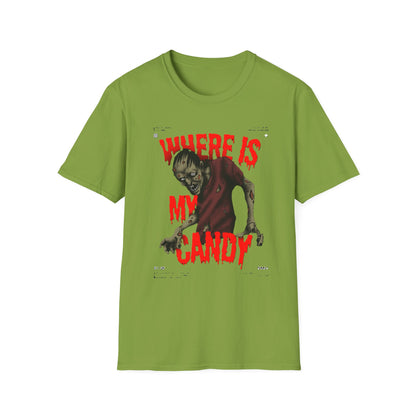 Zombie Halloween T-Shirt, Where is My Candy? Graphic Tee, Unisex Softstyle Tee, Horror T-Shirt, Spooky Costume Apparel