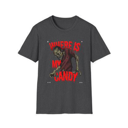 Zombie Halloween T-Shirt, Where is My Candy? Graphic Tee, Unisex Softstyle Tee, Horror T-Shirt, Spooky Costume Apparel