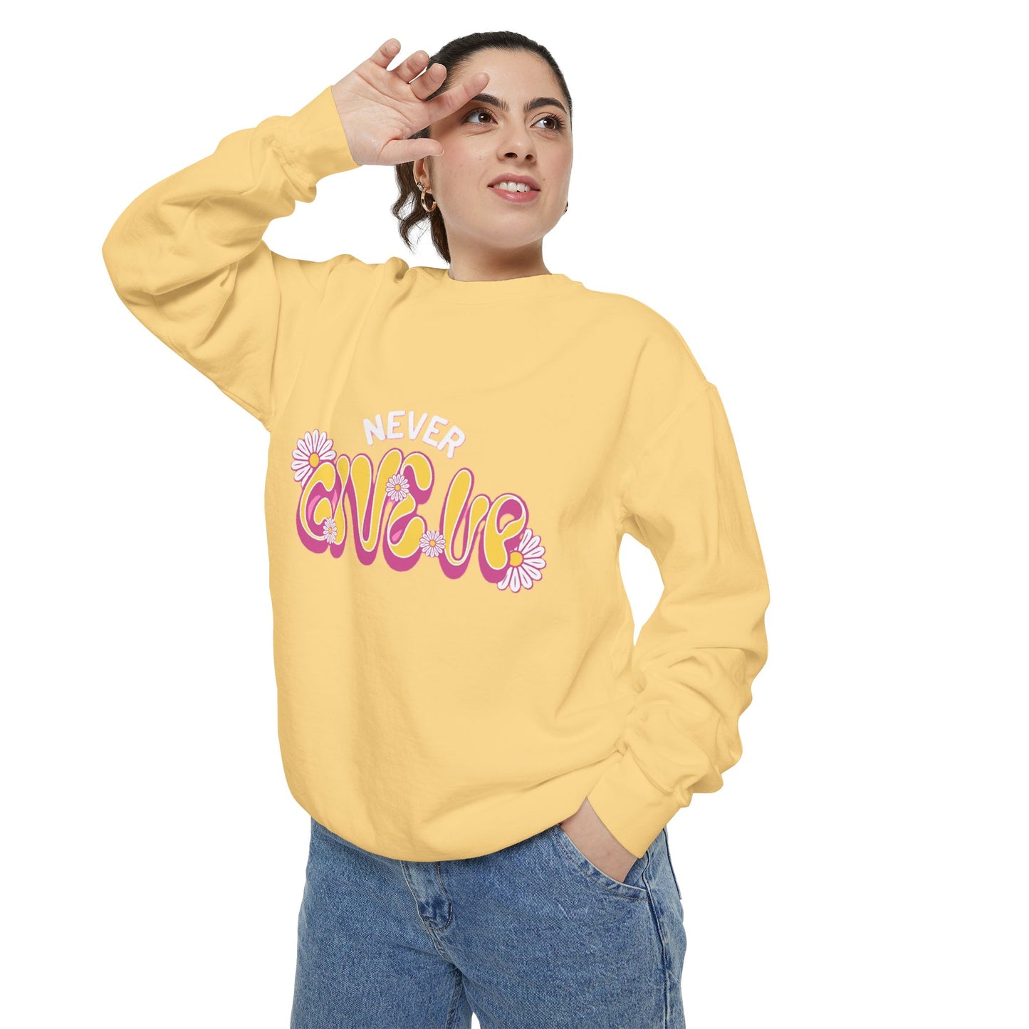 Never Give Up Sweatshirt, Inspirational Sweatshirt, Unisex Pullover, Motivational Clothing, Cozy Gift Idea, Relaxed Fit Sweatshirt